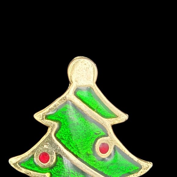 Vintage Christmas Tree Lapel Pin Brooch Gold Tone Metal Enamel Green Red 1.5" - Picture 3 of 5